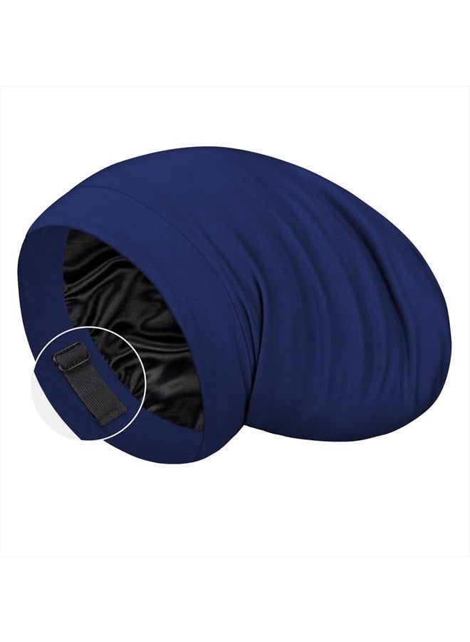 LULUSILK 100% Mulberry Silk Lined Sleep Cap Silk Bonnet for Sleeping, No More Frizzy Tangled Hair, Stay On All Night Adjustable Silk Hair Wrap for Sleeping, Navy Blue, Pack of 1 - Image 1