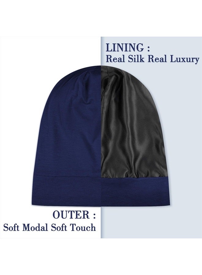 LULUSILK 100% Mulberry Silk Lined Sleep Cap Silk Bonnet for Sleeping, No More Frizzy Tangled Hair, Stay On All Night Adjustable Silk Hair Wrap for Sleeping, Navy Blue, Pack of 1 - Image 2