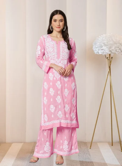 Alaya Hand Embroidered Chikan Modal Straight Kurta Palazzos AL3668
