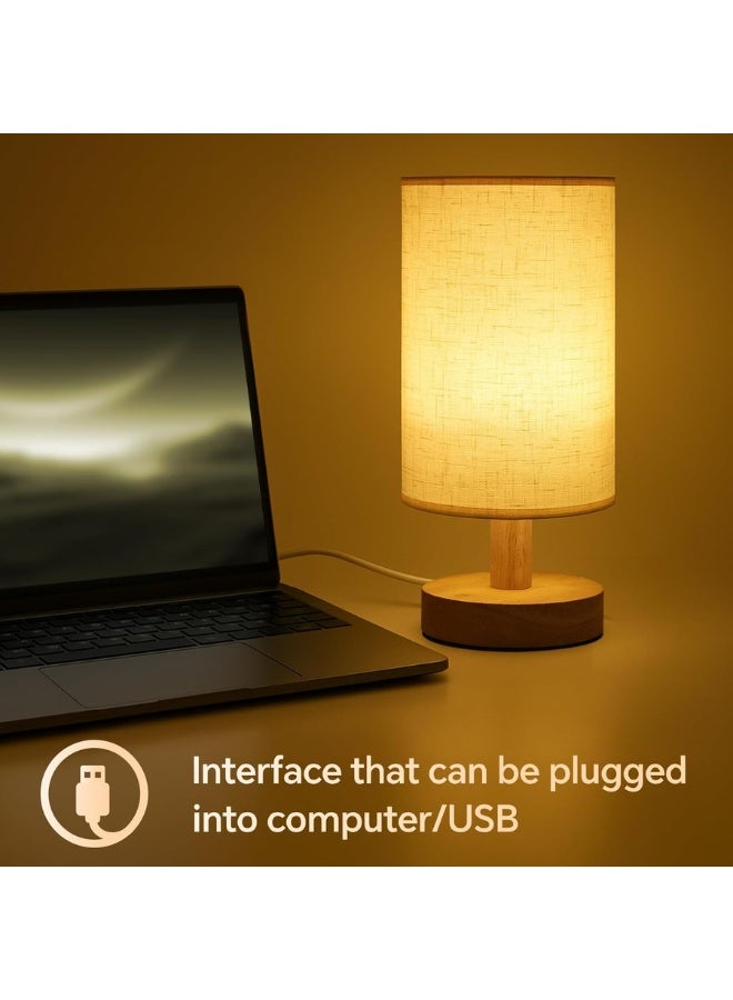 مصباح طاولة بجانب السرير، مصباح بجانب السرير دافئ مع شحن USB لغرفة النوم، مصباح طاولة بجانب السرير مع غطاء مصباح من الكتان وقاعدة خشبية لغرفة النوم وغرفة الأطفال وغرفة المعيشة (مفتاح زر؛ إضاءة ثابتة) - Image 5