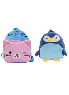 Blue Tree blue tree Cute Kids Backpack Toddler Bag Plush Animal Cartoon Mini Travel Bag for Baby Girl Boy 1-6 Years (Blue Cat-penguin)  - Image 1