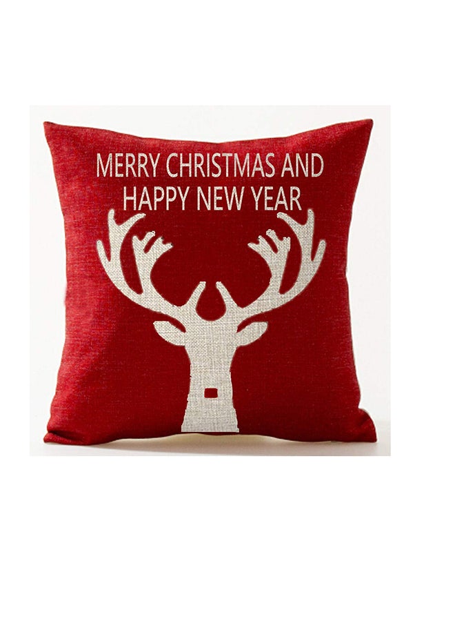 And Happy New Year Antlers Printed Decorative Pillow Cover Cotton Red 18x18inch - Image 1