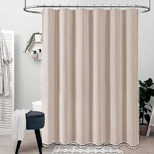 BTTN Boho Farmhouse Shower Curtain, Linen Rustic Heavy Duty Striped Fabric Shower Curtain Set with Tassel, Water Repellent, Bohemian Vintage Country Cloth Shower Curtain for Bathroom, Tan/Taupe, 72x72 - Image 2