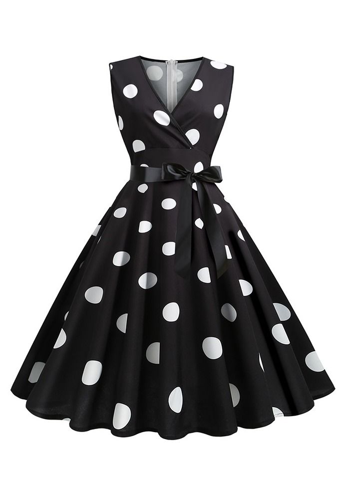 Loquat V-neck Sleeveless Polka Dot Lace Up Waist Retro Large Swing Dress Black  - Image 1