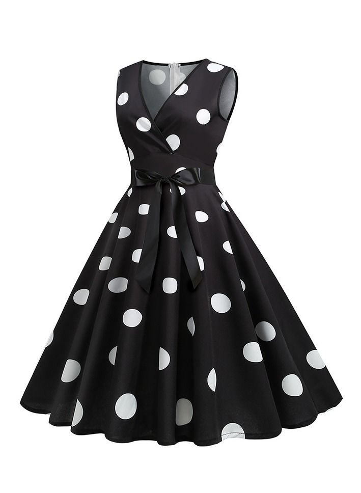 Loquat V-neck Sleeveless Polka Dot Lace Up Waist Retro Large Swing Dress Black  - Image 2