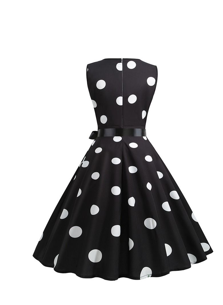 Loquat V-neck Sleeveless Polka Dot Lace Up Waist Retro Large Swing Dress Black  - Image 3