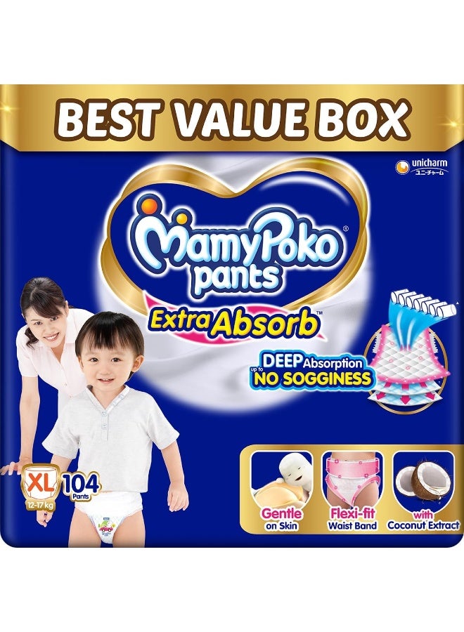 MamyPoko Pants Extra Absorb Baby Diapers, Extra Large (XL size) 12-17 kg 104 Count |Deep Sleep DiapersSoft gentle fit |Deep Absorbent Crisscross skin friendly with coconut oil (52 count, Pack of 2)