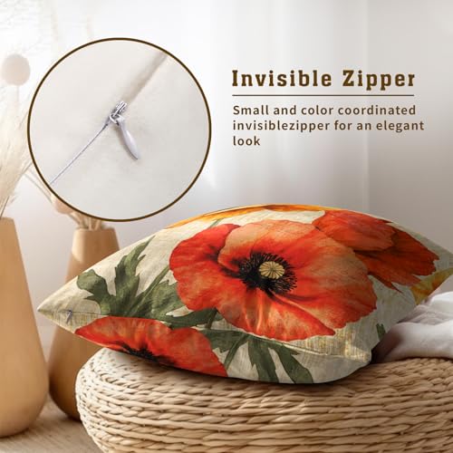 Evlaschin Vintage Poppy Flower Pillow Covers Set of 2, 16"x16" Rustic Spring Summer Yellow Orange Floral Throw Pillowcases, Retro Cotton Cushion Cover for Sofa Couch Indoor Outdoor Decor - Image 4