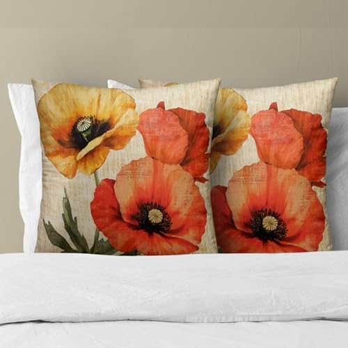 Evlaschin Vintage Poppy Flower Pillow Covers Set of 2, 16"x16" Rustic Spring Summer Yellow Orange Floral Throw Pillowcases, Retro Cotton Cushion Cover for Sofa Couch Indoor Outdoor Decor - Image 3