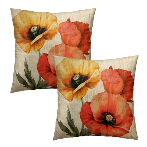 Evlaschin Vintage Poppy Flower Pillow Covers Set of 2, 16"x16" Rustic Spring Summer Yellow Orange Floral Throw Pillowcases, Retro Cotton Cushion Cover for Sofa Couch Indoor Outdoor Decor - Image 1