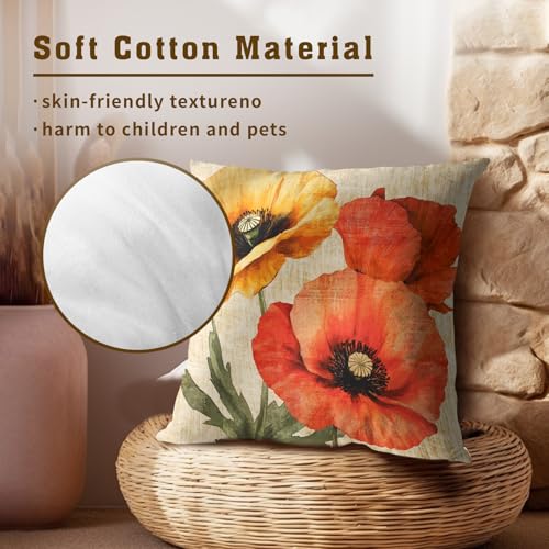 Evlaschin Vintage Poppy Flower Pillow Covers Set of 2, 16"x16" Rustic Spring Summer Yellow Orange Floral Throw Pillowcases, Retro Cotton Cushion Cover for Sofa Couch Indoor Outdoor Decor - Image 5