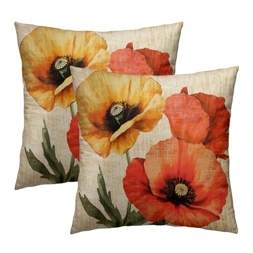 Evlaschin Vintage Poppy Flower Pillow Covers Set of 2, 16"x16" Rustic Spring Summer Yellow Orange Floral Throw Pillowcases, Retro Cotton Cushion Cover for Sofa Couch Indoor Outdoor Decor - Image 2