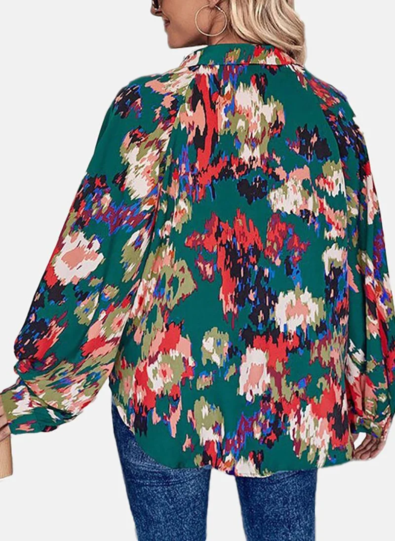 YUNIQEE Green Printed Long Sleeve Spread Collar Tunics