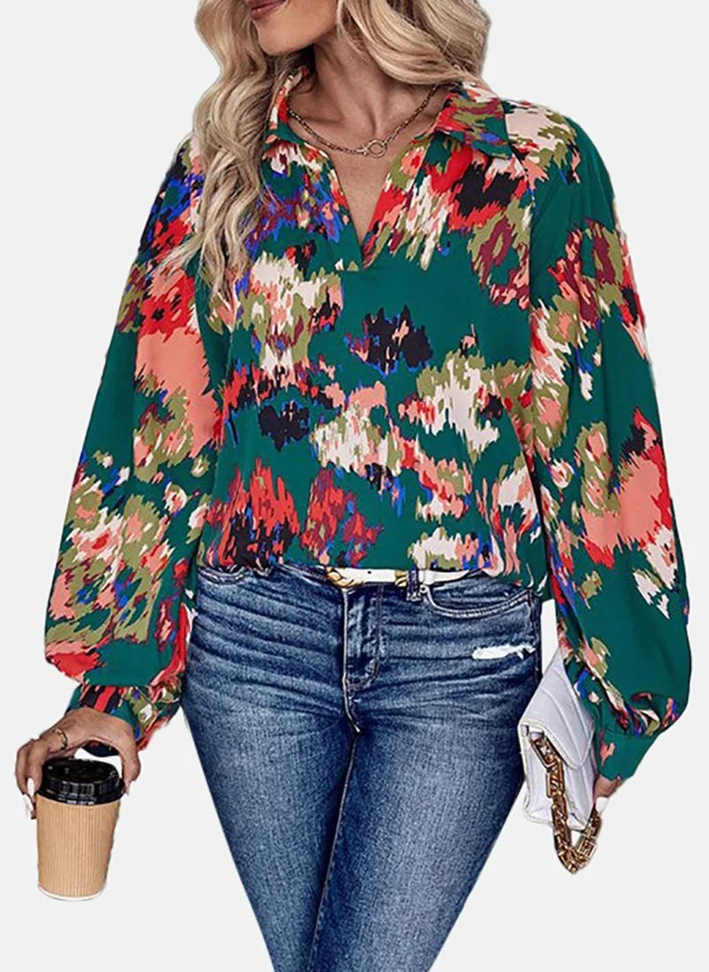 YUNIQEE Green Printed Long Sleeve Spread Collar Tunics