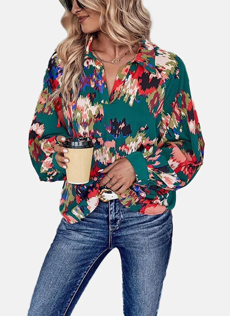 YUNIQEE Green Printed Long Sleeve Spread Collar Tunics