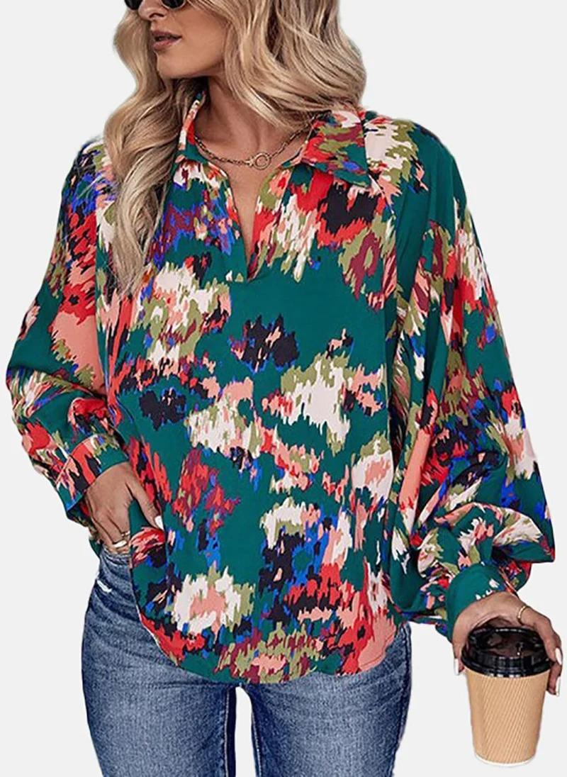 يونيكي Green Printed Long Sleeve Spread Collar Tunics