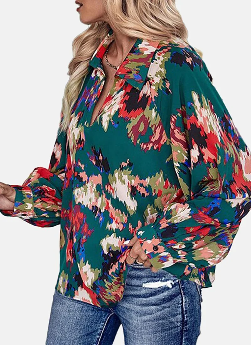 YUNIQEE Green Printed Long Sleeve Spread Collar Tunics
