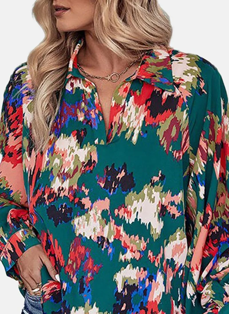 يونيكي Green Printed Long Sleeve Spread Collar Tunics