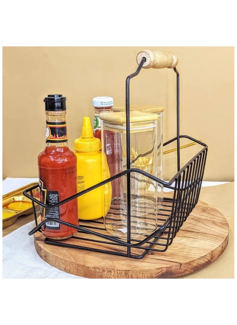 Tiba Taiba Sauce Holder and Jar Organizer Made of Strong Metal with Unique Wooden Handle - Black  - Image 3