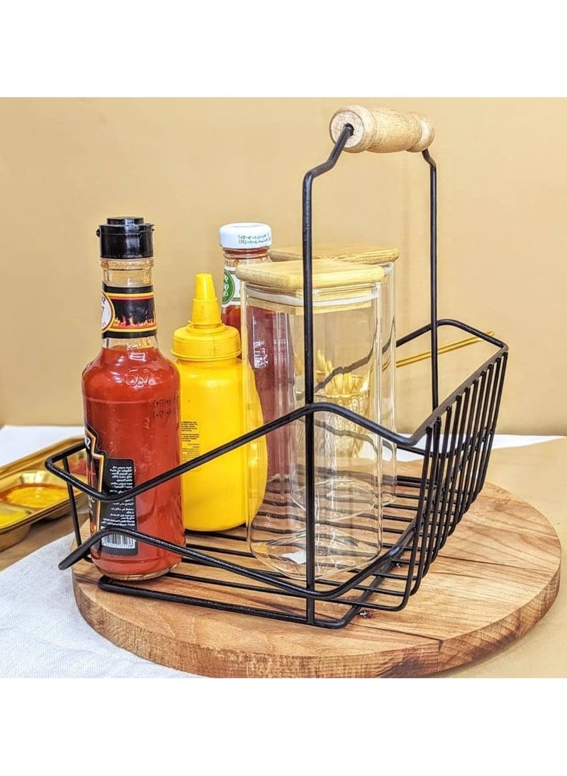 Tiba Taiba Sauce Holder and Jar Organizer Made of Strong Metal with Unique Wooden Handle - Black  - Image 5