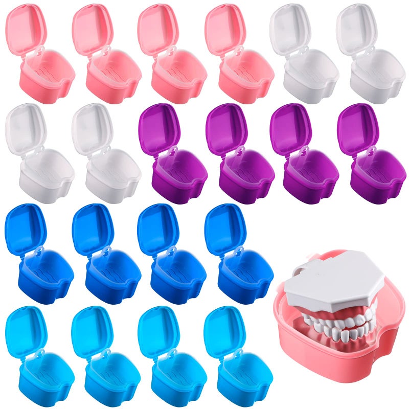 Zubebe 20 Pcs Denture Bath Retainer Case Holder Bulk with Strainer Basket Dental Cup Denture Soaking Container False Teeth Storage Box for Travel Cleaning Brace Mouth Guard, 5 Colors - Image 1