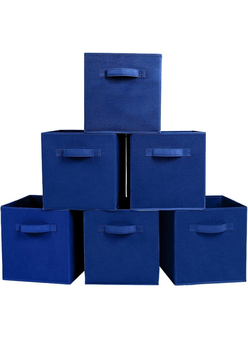 Six dark blue foldable fabric square storage bins with handles, size 27×27×28 cm. - Image 1