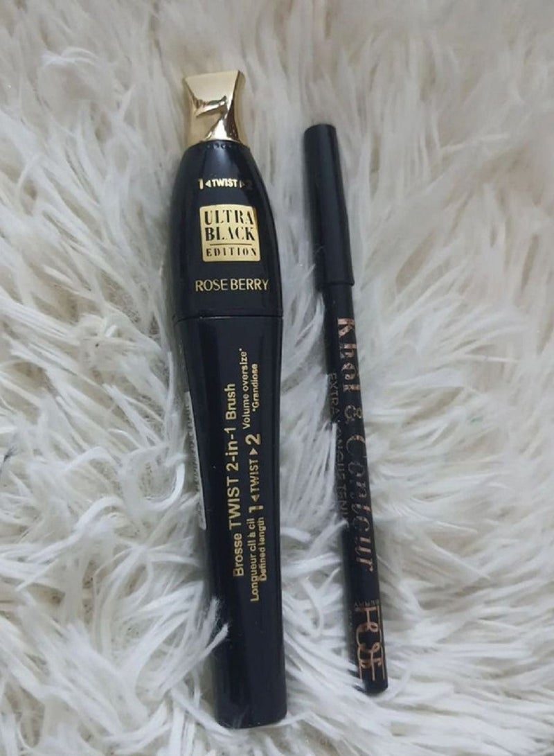 Volumizing and lengthening mascara with black water eyeliner