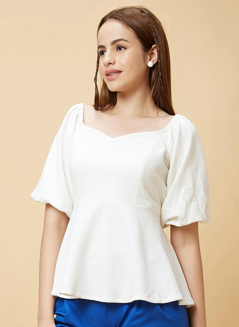 globus Globus Women White Self Design Regular Top