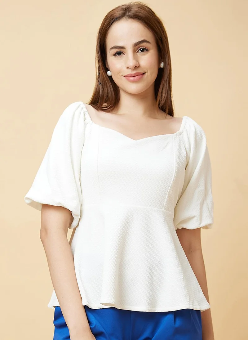 globus Globus Women White Self Design Regular Top