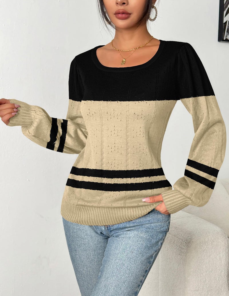 HOTOUCH Womens Sweaters Fall 2026 Trendy Puff Sleeve Tops Casual Knit Square Neck Cute Tunic Pullover Blouses Shirts Black Beige L - Image 3