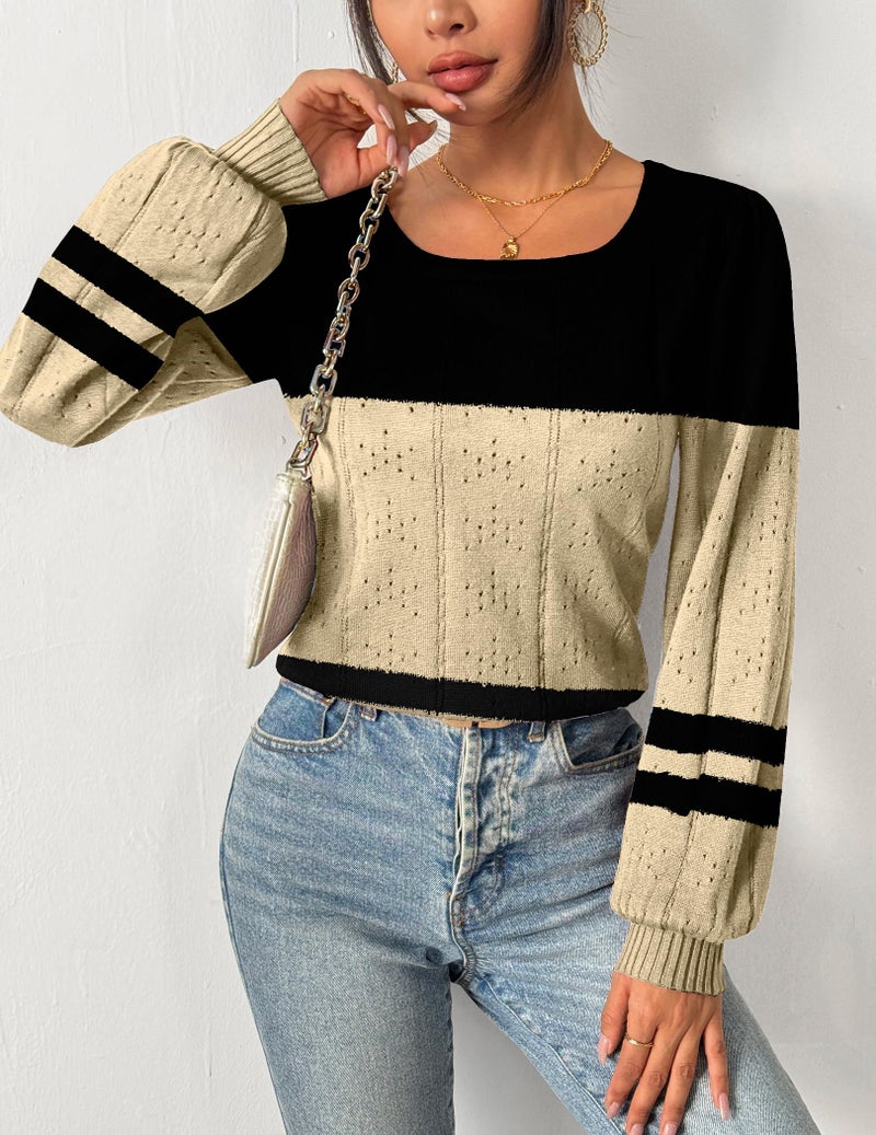 HOTOUCH Womens Sweaters Fall 2026 Trendy Puff Sleeve Tops Casual Knit Square Neck Cute Tunic Pullover Blouses Shirts Black Beige L - Image 2