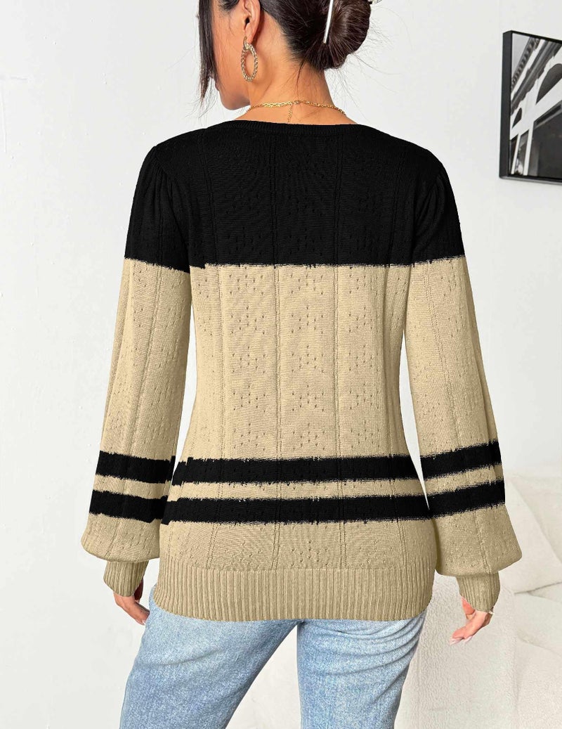 HOTOUCH Womens Sweaters Fall 2026 Trendy Puff Sleeve Tops Casual Knit Square Neck Cute Tunic Pullover Blouses Shirts Black Beige L - Image 4