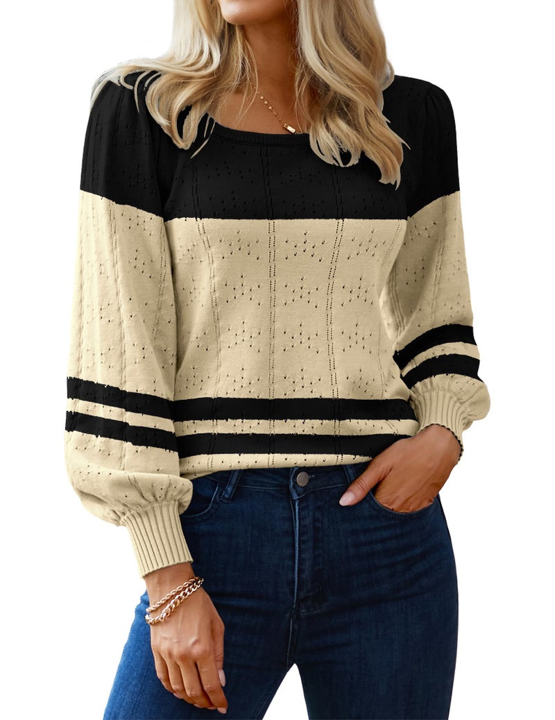 HOTOUCH Womens Sweaters Fall 2026 Trendy Puff Sleeve Tops Casual Knit Square Neck Cute Tunic Pullover Blouses Shirts Black Beige L - Image 1