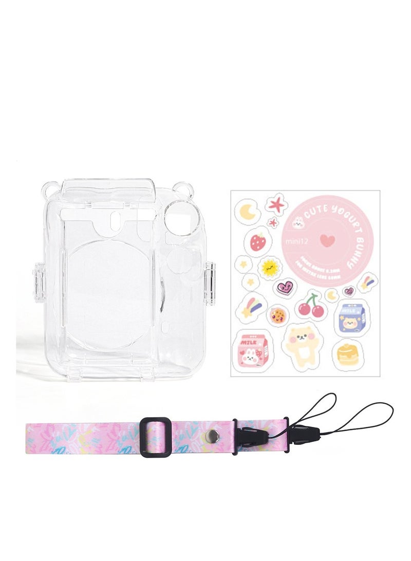 3 Pack Clear Camera Case Compatible with Fujifilm Instax Mini 12 Instant Camera, Mini 12 Hard Case with Photo Pocket Holds on Back and Adjustable Shoulder Strap & Cute Camera Sticker  - Image 1