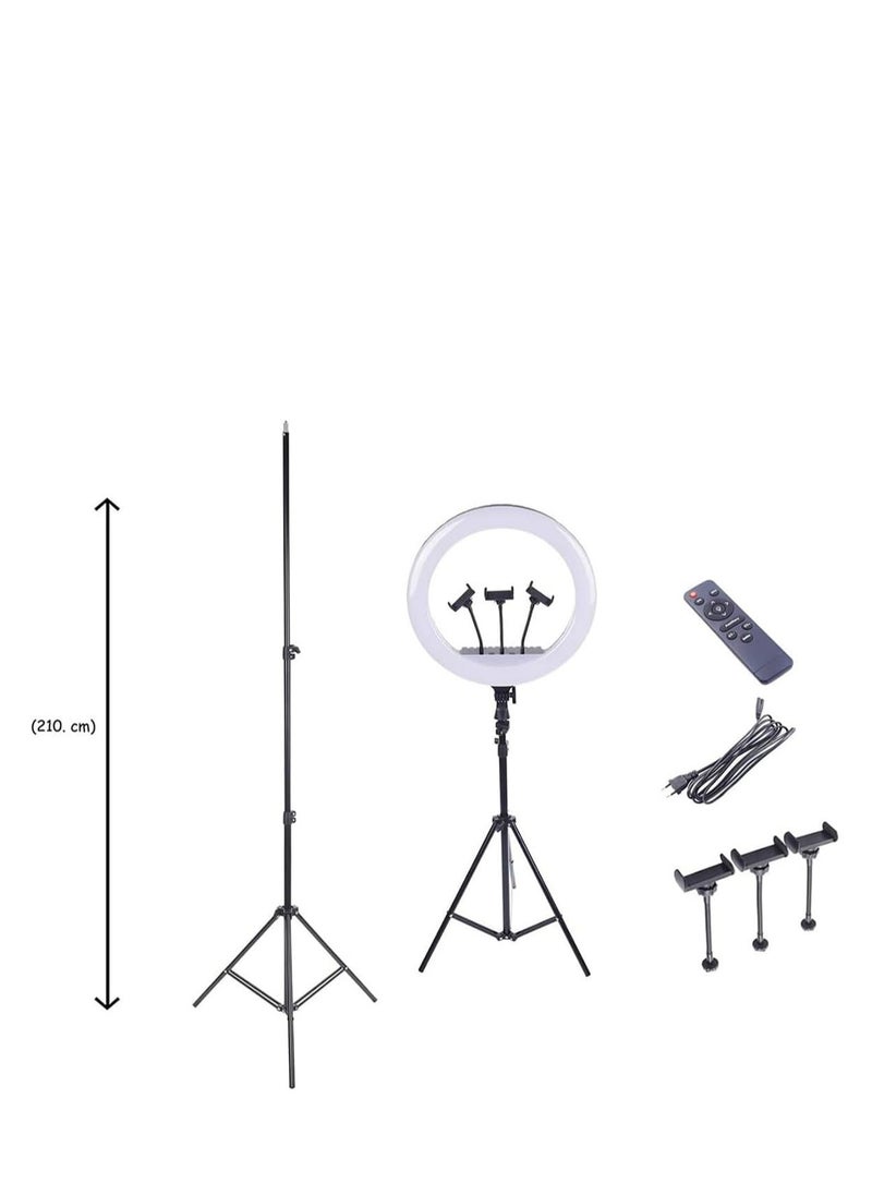 Generic - RL-18 360° Rotatable LED Ring Light for Live Streaming 2700-6500K with 3 Cell Phone Holders, Remote Control, 2.1m Bracket, 45cm Diameter, Black and White - Image 1