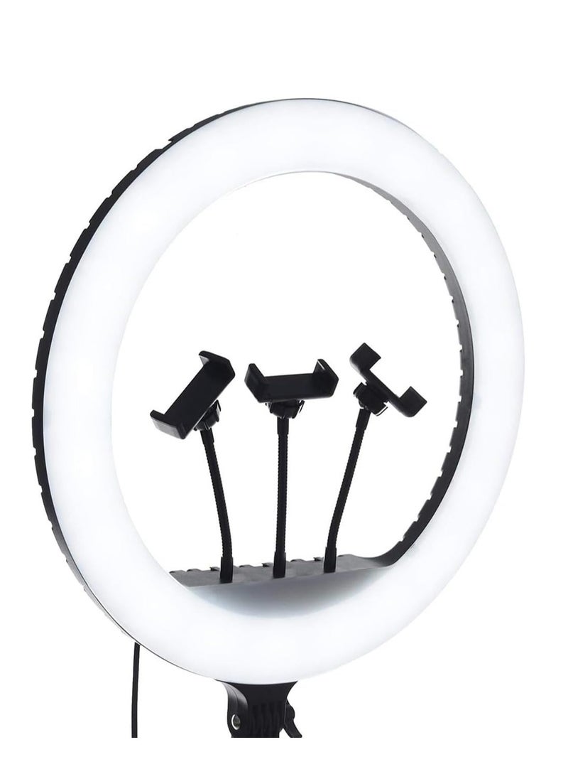 Generic - RL-18 360° Rotatable LED Ring Light for Live Streaming 2700-6500K with 3 Cell Phone Holders, Remote Control, 2.1m Bracket, 45cm Diameter, Black and White - Image 1
