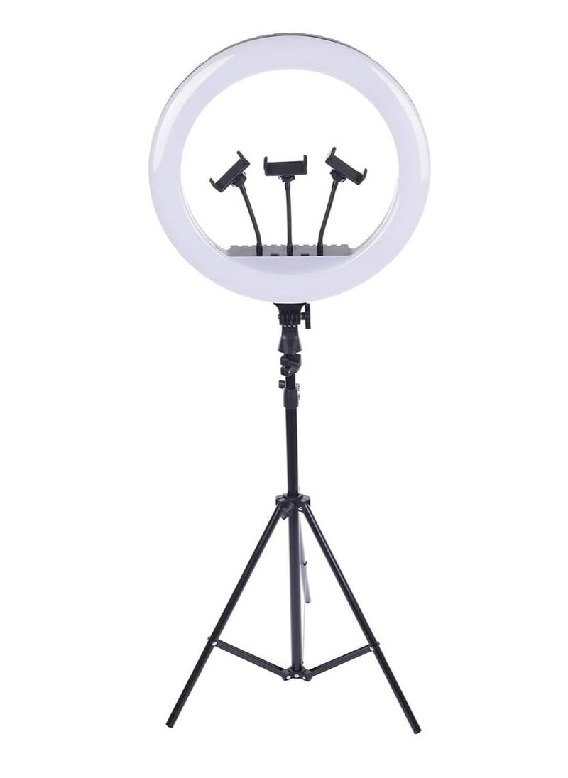 Generic - RL-18 360° Rotatable LED Ring Light for Live Streaming 2700-6500K with 3 Cell Phone Holders, Remote Control, 2.1m Bracket, 45cm Diameter, Black and White - Image 1
