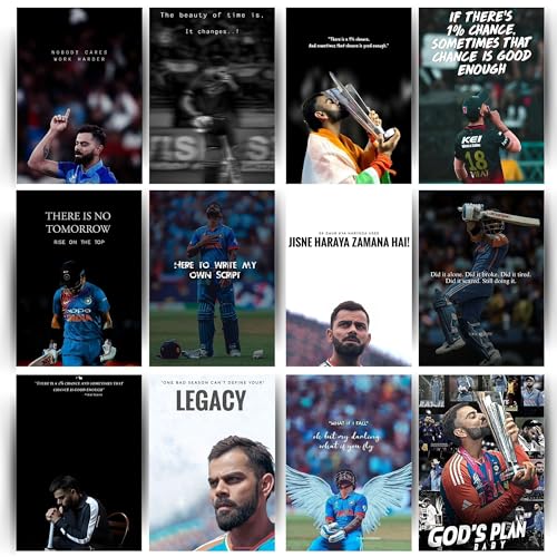 Posters Inc Virat Kohli Wall Posters for Room Decor, Set of 12 Motivational Quote Prints, 8×12 Inch HD Matte Finish on 300 GSM Paper, Birthday Gift for Men, Cricket King Kohli Wall Art with Glue Dots - Image 1