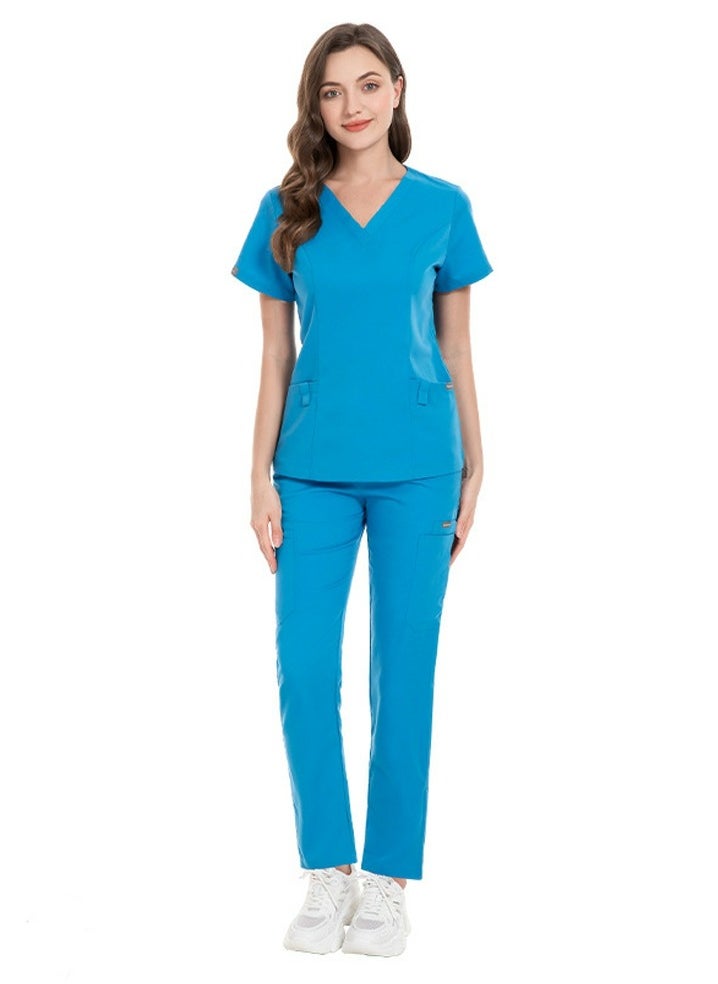 Loquat Unisex Fashion Medical Uniform Scrubs 2 Piece Set V-Neck Top and Pants Suit Blue  - Image 1