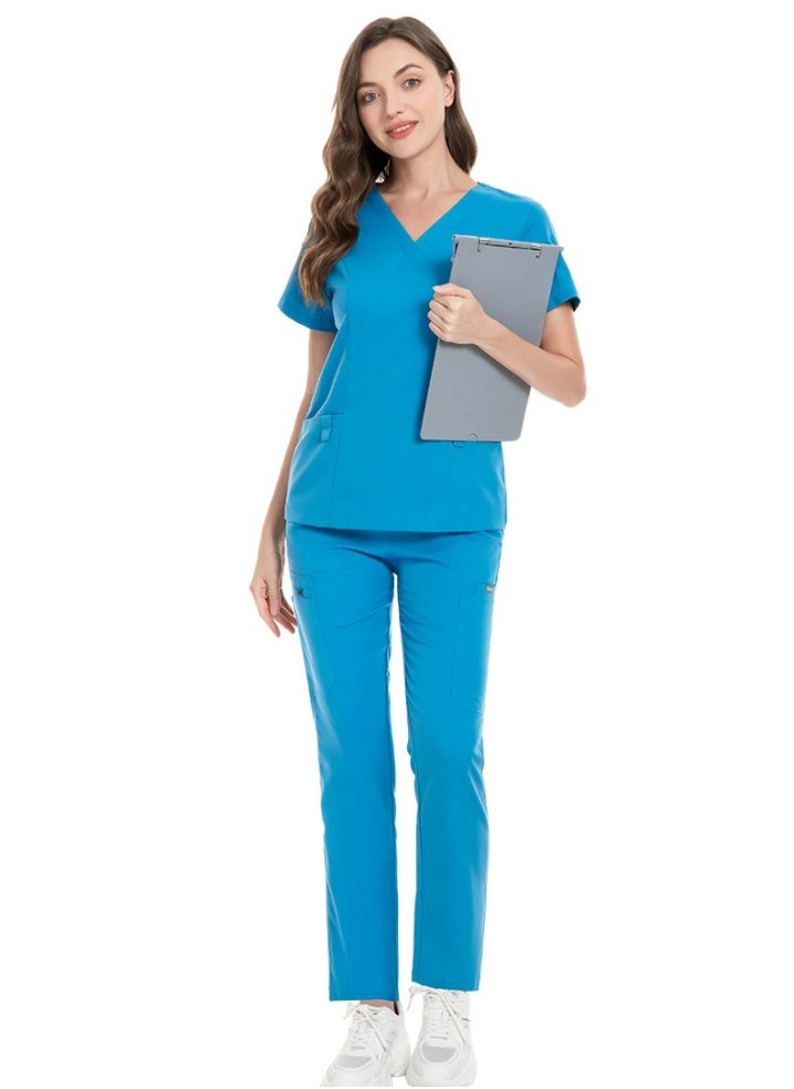 Loquat Unisex Fashion Medical Uniform Scrubs 2 Piece Set V-Neck Top and Pants Suit Blue  - Image 2