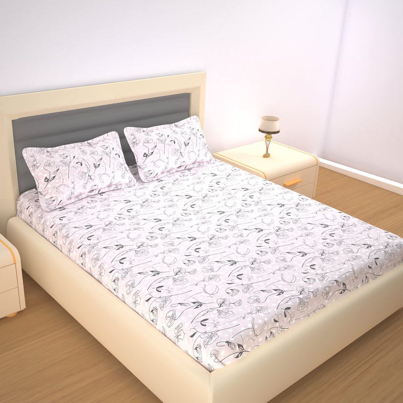 200 TC Premium Cotton Micro Floral Printed Flat Bedsheet for King Size Bed with 2 Pillow Covers (Off White, 108x108 inch) BAZ  - Image 1
