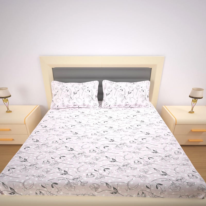 200 TC Premium Cotton Micro Floral Printed Flat Bedsheet for King Size Bed with 2 Pillow Covers (Off White, 108x108 inch) BAZ  - Image 2