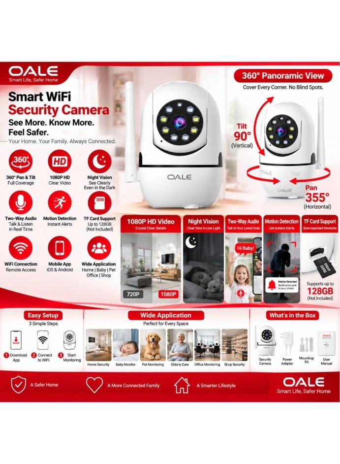 OALE iHome 05 Smart WiFi Security Camera 360° Panoramic View, 720P HD, Night Vision, Two-Way Audio, TF Card Support – White - Image 3