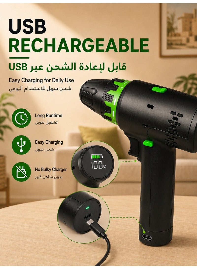 ALongDeng 2-in-1 Cordless Electric Screwdriver & Mini Drill 12V, USB Rechargeable Power Drill Set (0–1500 RPM, 25+ Torque Settings, LED Light, Digital Battery Display, Max 21mm Drilling Capacity, 0.83kg Lightweight for Home DIY & Furniture Assembly) - Image 3