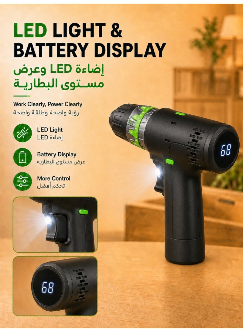 ALongDeng 2-in-1 Cordless Electric Screwdriver & Mini Drill 12V, USB Rechargeable Power Drill Set (0–1500 RPM, 25+ Torque Settings, LED Light, Digital Battery Display, Max 21mm Drilling Capacity, 0.83kg Lightweight for Home DIY & Furniture Assembly) - Image 5