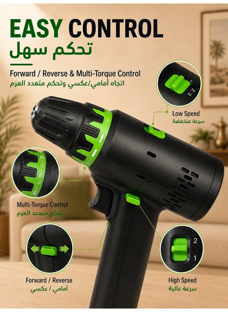 ALongDeng 2-in-1 Cordless Electric Screwdriver & Mini Drill 12V, USB Rechargeable Power Drill Set (0–1500 RPM, 25+ Torque Settings, LED Light, Digital Battery Display, Max 21mm Drilling Capacity, 0.83kg Lightweight for Home DIY & Furniture Assembly) - Image 4