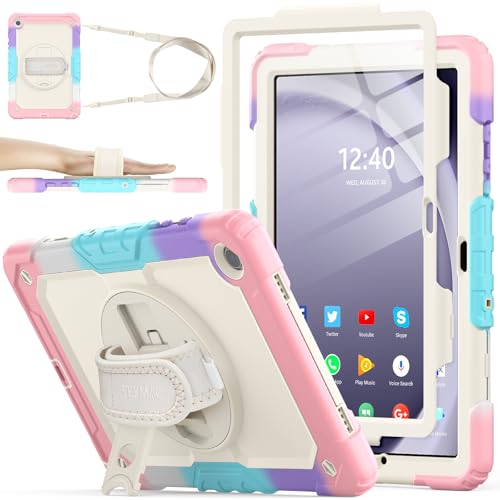SEYMAC stock Case for Samsung Galaxy Tab A9+ Plus 11'', Full-Body Drop Protection Case with Screen Protector Pencil Holder [360° Rotating Hand Strap] &Stand, Yellowish+Pink - Image 1