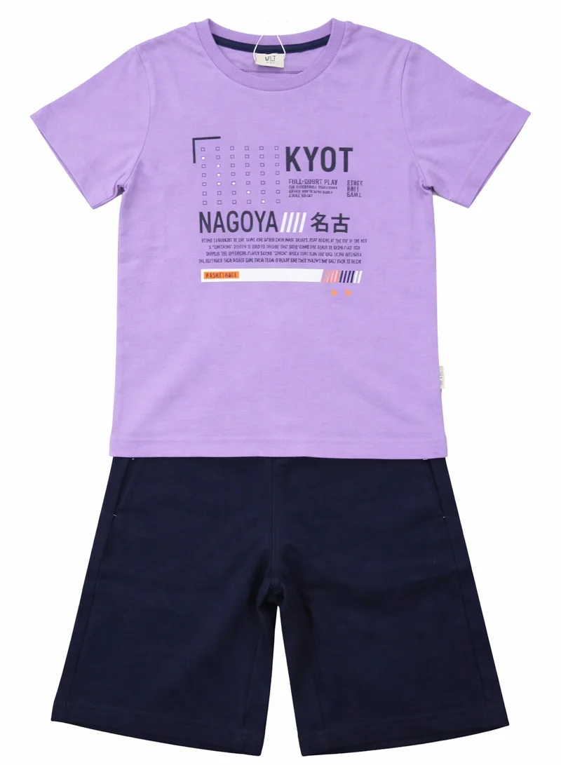 Victor And Jane  Boys' 2-Piece Set (2-8 Years) - T-Shirts and Shorts - Purple and Dark Blue (100% Cotton) for Men | Best Price UAE