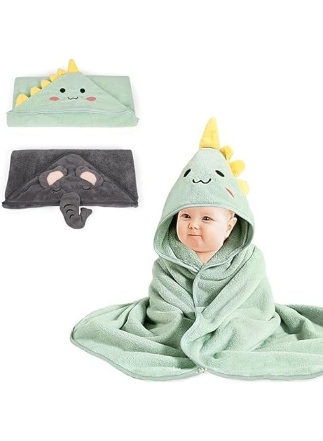 أجريون ​​2 حزمة منشفة استحمام أطفال برأس ميكروفايبر طبيعي ممتاز فائق النعومة فائق الامتصاص للأطفال، صغار، رضيع (فيل + ديناصور، 30 × 30 إنش، 400غ)​​ - Image 1