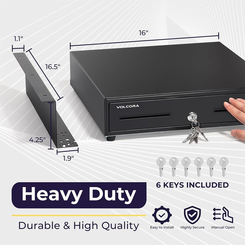 Volcora Manual Push Open Cash Register Drawer with Under Counter Mounting Metal Bracket - 16" Black Front Touch Panel Cash Drawer for POS, Partial Removable 5 Bill 8 Coin Tray, Key-Lock - Image 2